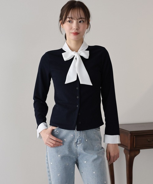BLUEEAST(ブルーイースト)の「ボウタイシャツドッキングカーディガン(Tシャツ/カットソー・レディース・ブラック/ネイビー・MEDIUM)」の4枚目の写真