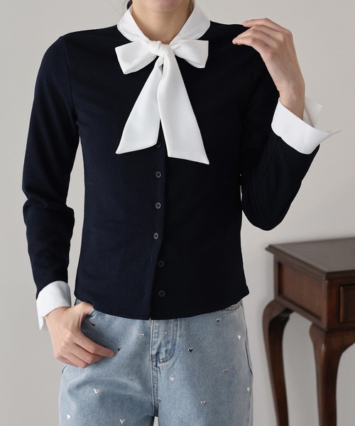 BLUEEAST(ブルーイースト)の「ボウタイシャツドッキングカーディガン(Tシャツ/カットソー・レディース・ブラック/ネイビー・MEDIUM)」の3枚目の写真