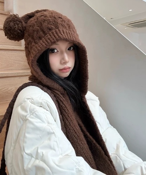 セール】ぽんぽんフード付き ケーブルニット マフラー/バラクラバ