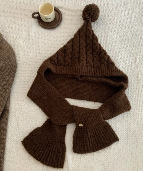 セール】ぽんぽんフード付き ケーブルニット マフラー/バラクラバ