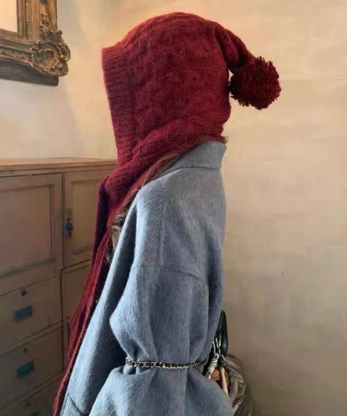 セール】ぽんぽんフード付き ケーブルニット マフラー/バラクラバ