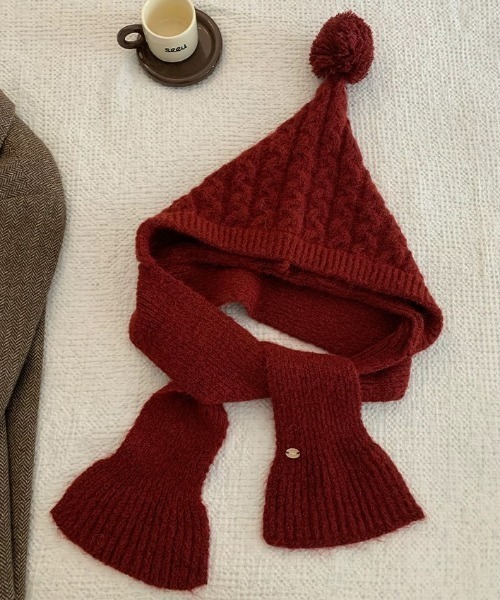 ぽんぽんフード付き ケーブルニット マフラー/バラクラバ（マフラー