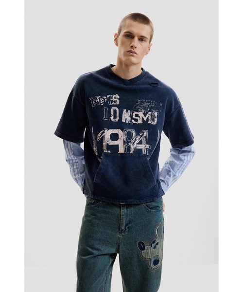 Desigual（デシグアル）の「ダメージ風加工 レイヤード グラフィックTシャツ / ストライプスリーブ（スウェット・メンズ・ブルー・S/M/L）」の5枚目の写真