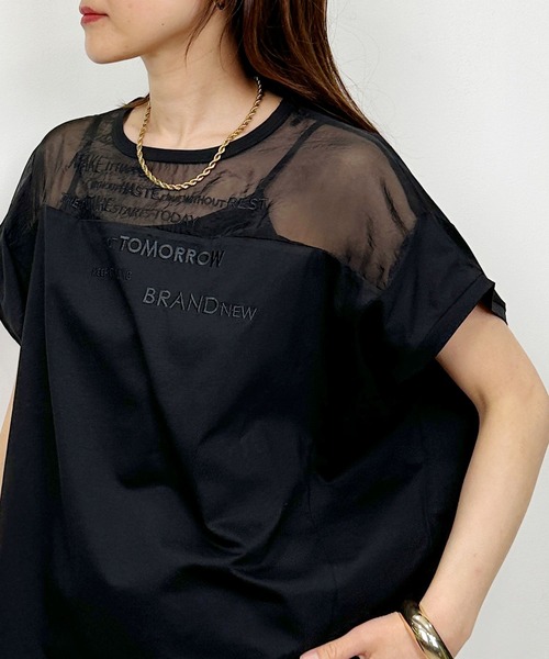 LUGIVA(ルギヴァ)の「オーガンジー切り替えエンブロイダリーTシャツ(Tシャツ/カットソー・レディース・チャコールグレー/オフホワイト/ブラック・M)」の2枚目の写真