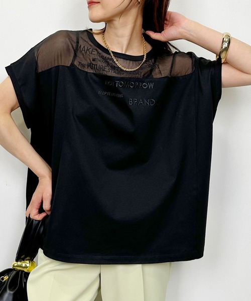 LUGIVA(ルギヴァ)の「オーガンジー切り替えエンブロイダリーTシャツ(Tシャツ/カットソー・レディース・チャコールグレー/オフホワイト/ブラック・M)」の14枚目の写真