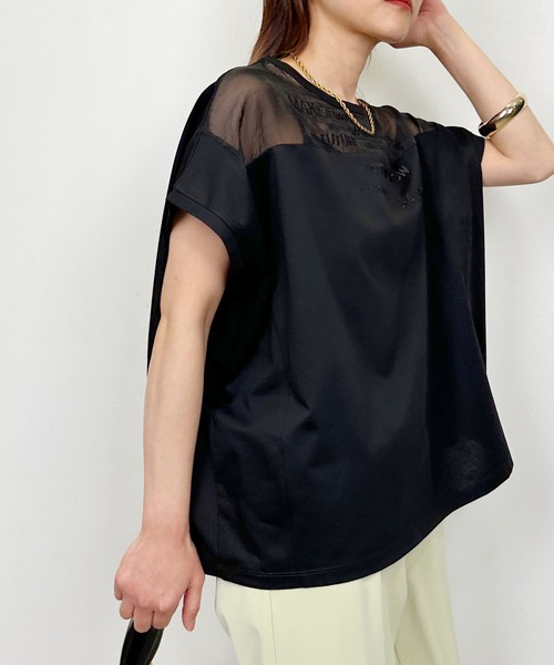 LUGIVA(ルギヴァ)の「オーガンジー切り替えエンブロイダリーTシャツ(Tシャツ/カットソー・レディース・チャコールグレー/オフホワイト/ブラック・M)」の12枚目の写真