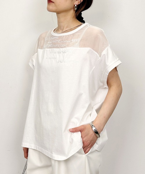 LUGIVA(ルギヴァ)の「オーガンジー切り替えエンブロイダリーTシャツ(Tシャツ/カットソー・レディース・チャコールグレー/オフホワイト/ブラック・M)」の7枚目の写真