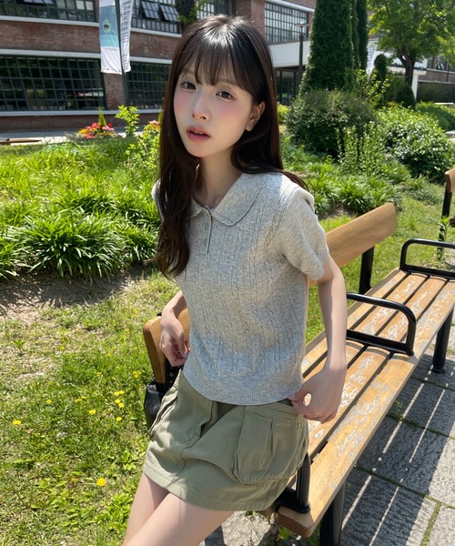 UNE MANSION(ユヌマンション)の「【好みやスタイリングに合わせて選べる豊富な6カラー展開】ラブリーラウンドカラーケーブル編み半そでスプリングニット(ニット/セーター・レディース・ネイビー/レッド/ピンク/グレー/スカイブルー/アイボリー・FREE)」の3枚目の写真
