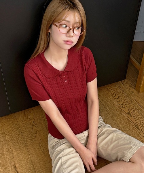 UNE MANSION(ユヌマンション)の「【好みやスタイリングに合わせて選べる豊富な6カラー展開】ラブリーラウンドカラーケーブル編み半そでスプリングニット(ニット/セーター・レディース・ネイビー/レッド/ピンク/グレー/スカイブルー/アイボリー・FREE)」の6枚目の写真