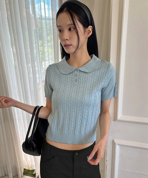 UNE MANSION(ユヌマンション)の「【好みやスタイリングに合わせて選べる豊富な6カラー展開】ラブリーラウンドカラーケーブル編み半そでスプリングニット(ニット/セーター・レディース・ネイビー/レッド/ピンク/グレー/スカイブルー/アイボリー・FREE)」の4枚目の写真