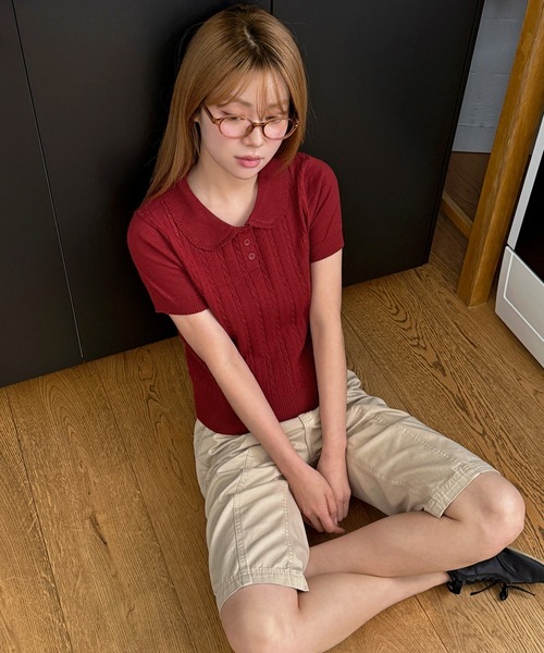 UNE MANSION(ユヌマンション)の「【好みやスタイリングに合わせて選べる豊富な6カラー展開】ラブリーラウンドカラーケーブル編み半そでスプリングニット(ニット/セーター・レディース・ネイビー/レッド/ピンク/グレー/スカイブルー/アイボリー・FREE)」の17枚目の写真