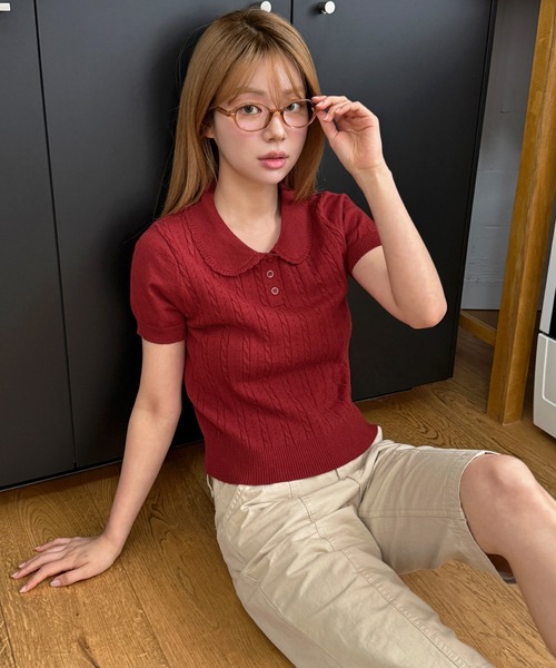 UNE MANSION(ユヌマンション)の「【好みやスタイリングに合わせて選べる豊富な6カラー展開】ラブリーラウンドカラーケーブル編み半そでスプリングニット(ニット/セーター・レディース・ネイビー/レッド/ピンク/グレー/スカイブルー/アイボリー・FREE)」の18枚目の写真