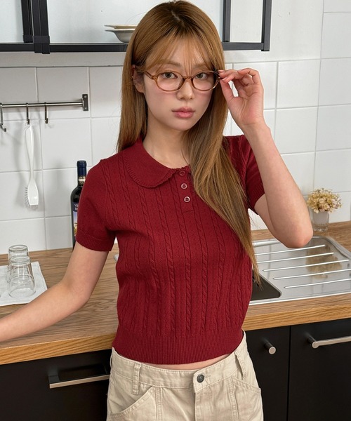 UNE MANSION(ユヌマンション)の「【好みやスタイリングに合わせて選べる豊富な6カラー展開】ラブリーラウンドカラーケーブル編み半そでスプリングニット(ニット/セーター・レディース・ネイビー/レッド/ピンク/グレー/スカイブルー/アイボリー・FREE)」の19枚目の写真