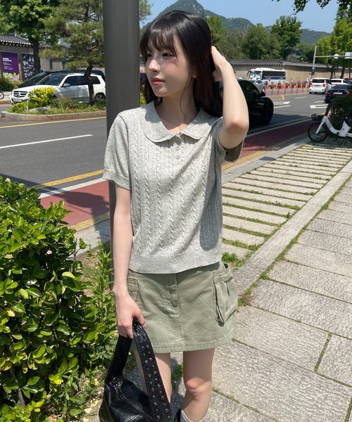 UNE MANSION(ユヌマンション)の「【好みやスタイリングに合わせて選べる豊富な6カラー展開】ラブリーラウンドカラーケーブル編み半そでスプリングニット(ニット/セーター・レディース・ネイビー/レッド/ピンク/グレー/スカイブルー/アイボリー・FREE)」の7枚目の写真