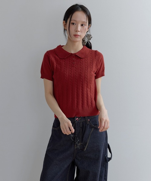 UNE MANSION(ユヌマンション)の「【好みやスタイリングに合わせて選べる豊富な6カラー展開】ラブリーラウンドカラーケーブル編み半そでスプリングニット(ニット/セーター・レディース・ネイビー/レッド/ピンク/グレー/スカイブルー/アイボリー・FREE)」の16枚目の写真