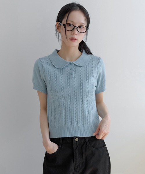 UNE MANSION(ユヌマンション)の「【好みやスタイリングに合わせて選べる豊富な6カラー展開】ラブリーラウンドカラーケーブル編み半そでスプリングニット(ニット/セーター・レディース・ネイビー/レッド/ピンク/グレー/スカイブルー/アイボリー・FREE)」の14枚目の写真