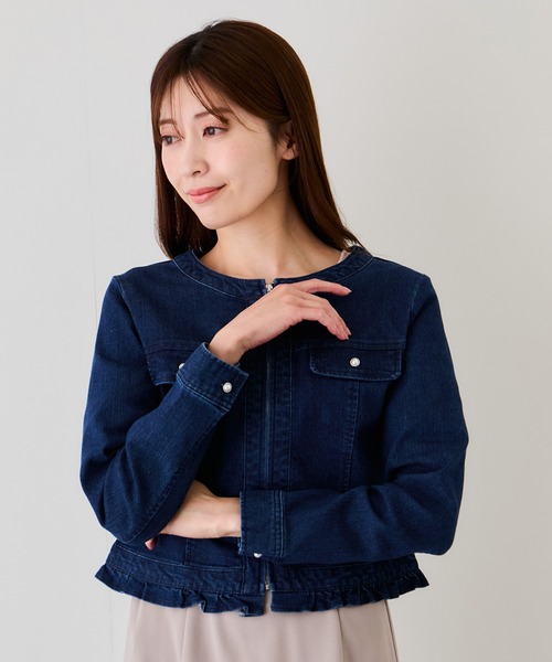 Jayro(ジャイロ)の「デニムノーカラーブルゾン(その他アウター・レディース・ブルー系その他2/サックスブルー/ネイビー・M)」の4枚目の写真