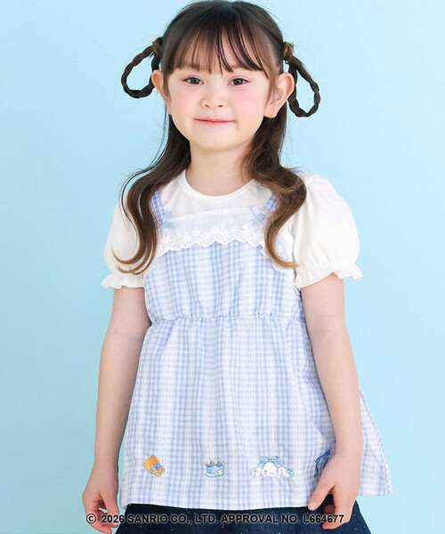 SLAP SLIP（スラップスリップ）の「【シナモロール/ポムポムプリン×SLAPSLIP】パフスリーブプリントTシャツ+チェックフレアビスチェ2点セット(90~130cm)（その他トップス・キッズ・ブルー/イエロー・100cm/120cm/110cm/130cm/90cm）」の2枚目の写真