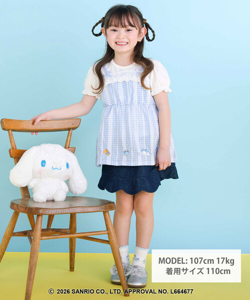 SLAP SLIP（スラップスリップ）の「【シナモロール/ポムポムプリン×SLAPSLIP】パフスリーブプリントTシャツ+チェックフレアビスチェ2点セット(90~130cm)（その他トップス・キッズ・ブルー/イエロー・100cm/120cm/110cm/130cm/90cm）」の3枚目の写真