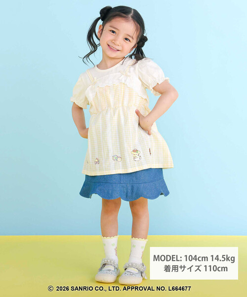 SLAP SLIP（スラップスリップ）の「【シナモロール/ポムポムプリン×SLAPSLIP】パフスリーブプリントTシャツ+チェックフレアビスチェ2点セット(90~130cm)（その他トップス・キッズ・ブルー/イエロー・100cm/120cm/110cm/130cm/90cm）」の7枚目の写真