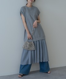 【refinedworks】裾シフォン の 異素材 ドッキング 半袖 ワンピース