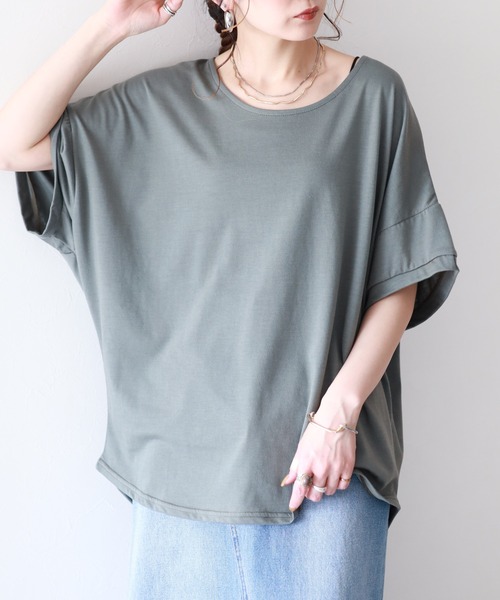 FUNALIVE(ファンアライブ)の「フレンチ袖クルーネック 半袖(Tシャツ/カットソー・レディース・ライトグレー/サーモンピンク/ロイヤルブルー/黄緑系/チャコールグレー/ピンク系その他/ライトカーキ/ダークグレー/モカ・F)」の5枚目の写真