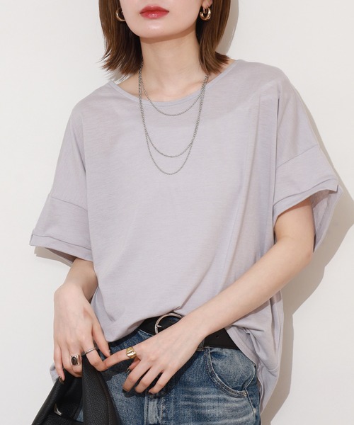 FUNALIVE(ファンアライブ)の「フレンチ袖クルーネック 半袖(Tシャツ/カットソー・レディース・ライトグレー/サーモンピンク/ロイヤルブルー/黄緑系/チャコールグレー/ピンク系その他/ライトカーキ/ダークグレー/モカ・F)」の1枚目の写真