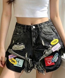 【Y2K】ワッペン付き ダメージデニム ショートパンツ 平成レトロ デジカメ感 甘辛MIX レイヤード スポーティー 90年代風