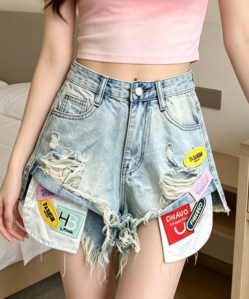 Y2K】ワッペン付き ダメージデニム ショートパンツ 平成レトロ