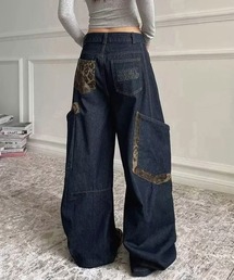 デニムカーブパンツ レオパード柄ポケット