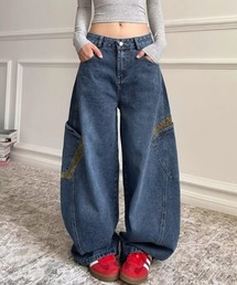 デニムカーブパンツ レオパード柄ポケット