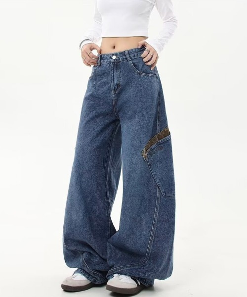 Miniministore(ミニミニストア)の「デニムカーブパンツ レオパード柄ポケット(デニムパンツ・レディース・ネイビー/インディゴブルー・M/S/L)」の3枚目の写真