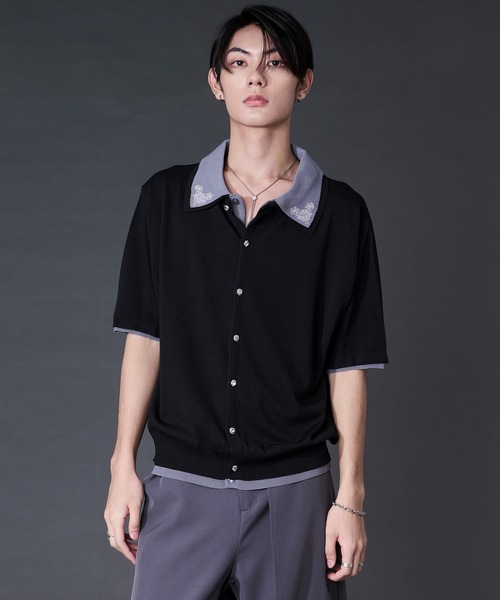 Ellno Loset(エルノロゼット)の「刺繍レイヤードポロニット(ポロシャツ・メンズ・ブラック/ブルー・LARGE/MEDIUM/SMALL)」の6枚目の写真
