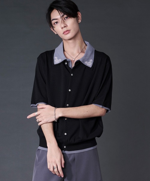 Ellno Loset(エルノロゼット)の「刺繍レイヤードポロニット(ポロシャツ・メンズ・ブラック/ブルー・LARGE/MEDIUM/SMALL)」の7枚目の写真