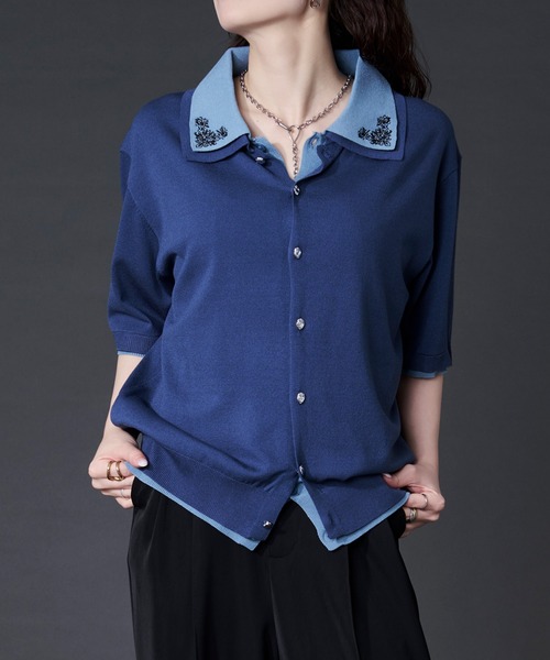 Ellno Loset(エルノロゼット)の「刺繍レイヤードポロニット(ポロシャツ・メンズ・ブラック/ブルー・LARGE/MEDIUM/SMALL)」の12枚目の写真