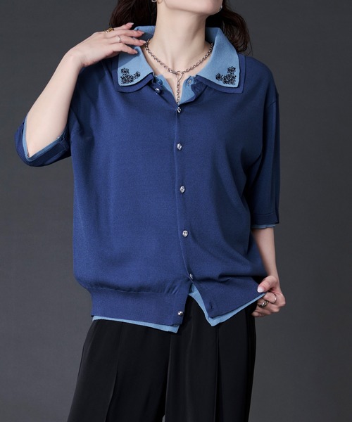 Ellno Loset(エルノロゼット)の「刺繍レイヤードポロニット(ポロシャツ・メンズ・ブラック/ブルー・LARGE/MEDIUM/SMALL)」の13枚目の写真