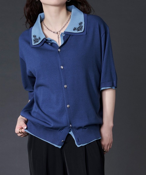 Ellno Loset(エルノロゼット)の「刺繍レイヤードポロニット(ポロシャツ・メンズ・ブラック/ブルー・LARGE/MEDIUM/SMALL)」の14枚目の写真