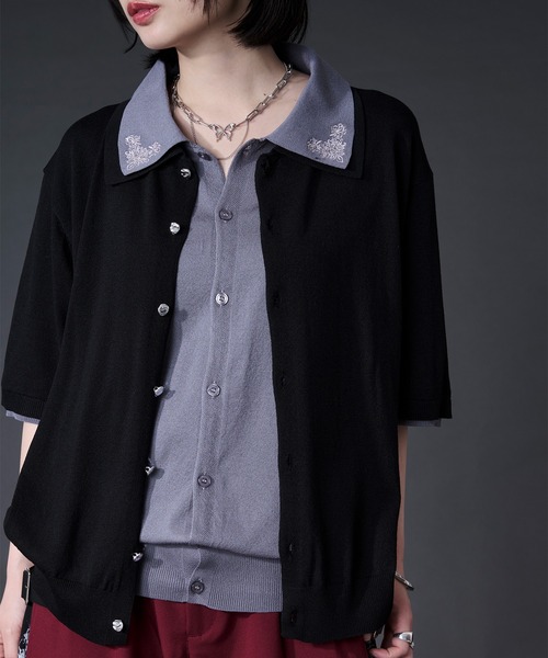 Ellno Loset(エルノロゼット)の「刺繍レイヤードポロニット(ポロシャツ・メンズ・ブラック/ブルー・LARGE/MEDIUM/SMALL)」の3枚目の写真
