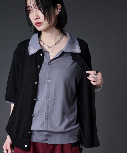 Ellno Loset(エルノロゼット)の「刺繍レイヤードポロニット(ポロシャツ・メンズ・ブラック/ブルー・LARGE/MEDIUM/SMALL)」の4枚目の写真