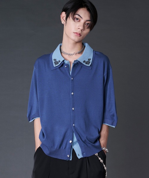 Ellno Loset(エルノロゼット)の「刺繍レイヤードポロニット(ポロシャツ・メンズ・ブラック/ブルー・LARGE/MEDIUM/SMALL)」の19枚目の写真