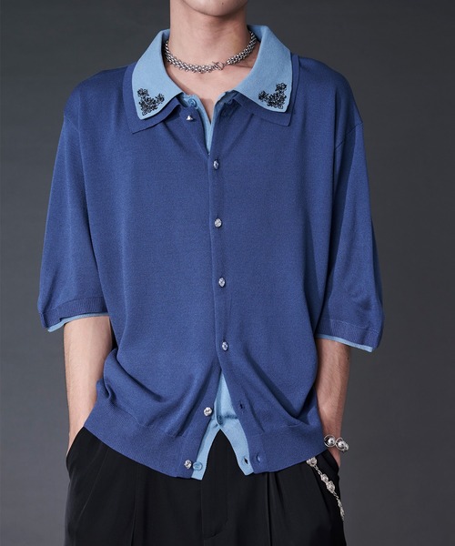 Ellno Loset(エルノロゼット)の「刺繍レイヤードポロニット(ポロシャツ・メンズ・ブラック/ブルー・LARGE/MEDIUM/SMALL)」の17枚目の写真