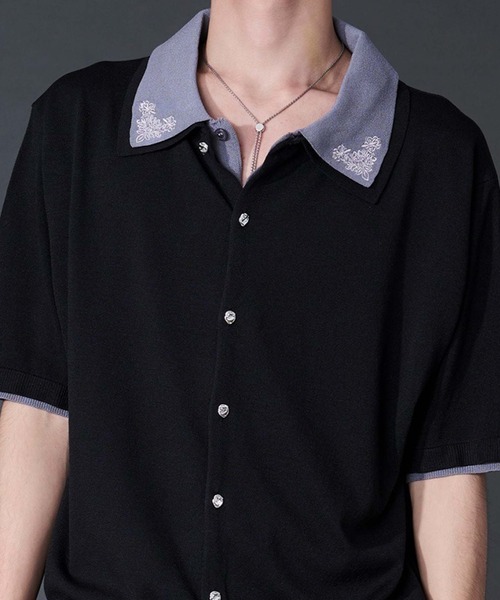 Ellno Loset(エルノロゼット)の「刺繍レイヤードポロニット(ポロシャツ・メンズ・ブラック/ブルー・LARGE/MEDIUM/SMALL)」の5枚目の写真