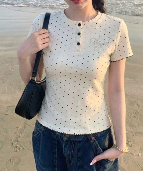 ViViDAY(ビビデー)の「ラインストーン英字ロゴ ドット柄tシャツ(Tシャツ/カットソー・レディース・ホワイト・M)」の13枚目の写真