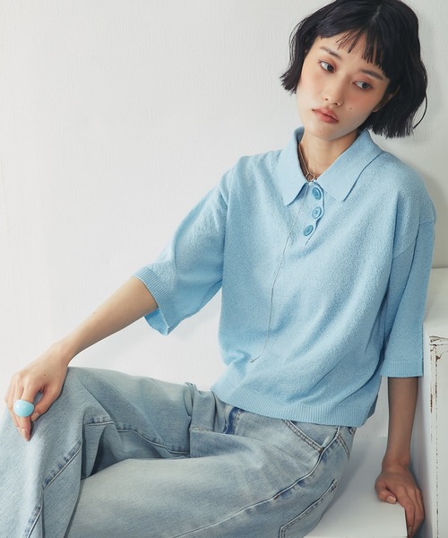 ANOTHER S(アナザーエス)の「ループヤーン ハーフ釦 5分袖 プルオーバー(Tシャツ/カットソー・レディース・ピンク/チャコールグレー/サックスブルー・FREE)」の2枚目の写真