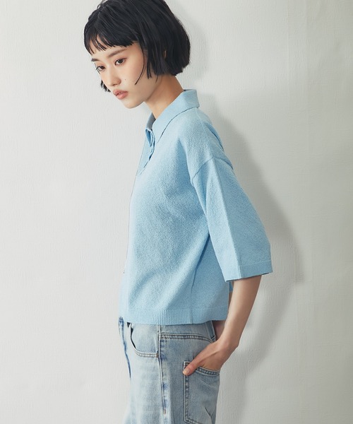 ANOTHER S(アナザーエス)の「ループヤーン ハーフ釦 5分袖 プルオーバー(Tシャツ/カットソー・レディース・ピンク/チャコールグレー/サックスブルー・FREE)」の6枚目の写真