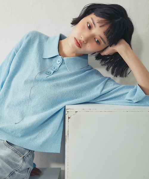ANOTHER S(アナザーエス)の「ループヤーン ハーフ釦 5分袖 プルオーバー(Tシャツ/カットソー・レディース・ピンク/チャコールグレー/サックスブルー・FREE)」の4枚目の写真