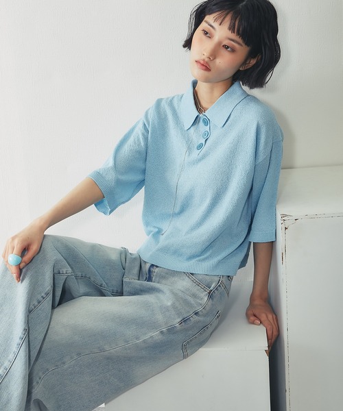 ANOTHER S(アナザーエス)の「ループヤーン ハーフ釦 5分袖 プルオーバー(Tシャツ/カットソー・レディース・ピンク/チャコールグレー/サックスブルー・FREE)」の14枚目の写真