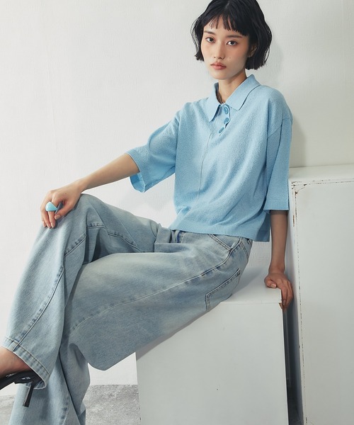 ANOTHER S(アナザーエス)の「ループヤーン ハーフ釦 5分袖 プルオーバー(Tシャツ/カットソー・レディース・ピンク/チャコールグレー/サックスブルー・FREE)」の8枚目の写真