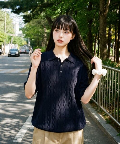 BASIC LABEL（ベーシックラベル）の「Miro Cable Button Collar Short-Sleeve Knit 4 Color [BLSK_0001]（Tシャツ/カットソー・レディース・ネイビー/グリーン/バーガンディー/ブラック・SMALL/MEDIUM/LARGE/X-LARGE）」の11枚目の写真