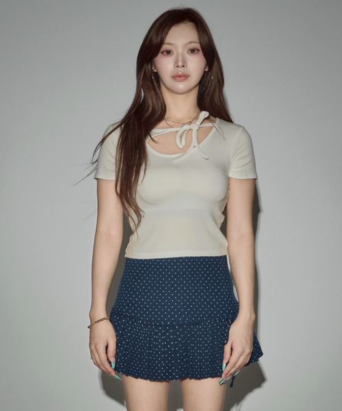 CeLess(セレス)の「Nuance Cutout Short Top / ニュアンスカットアウトショートトップス(Tシャツ/カットソー・レディース・ホワイト/グレー・FREE)」の3枚目の写真